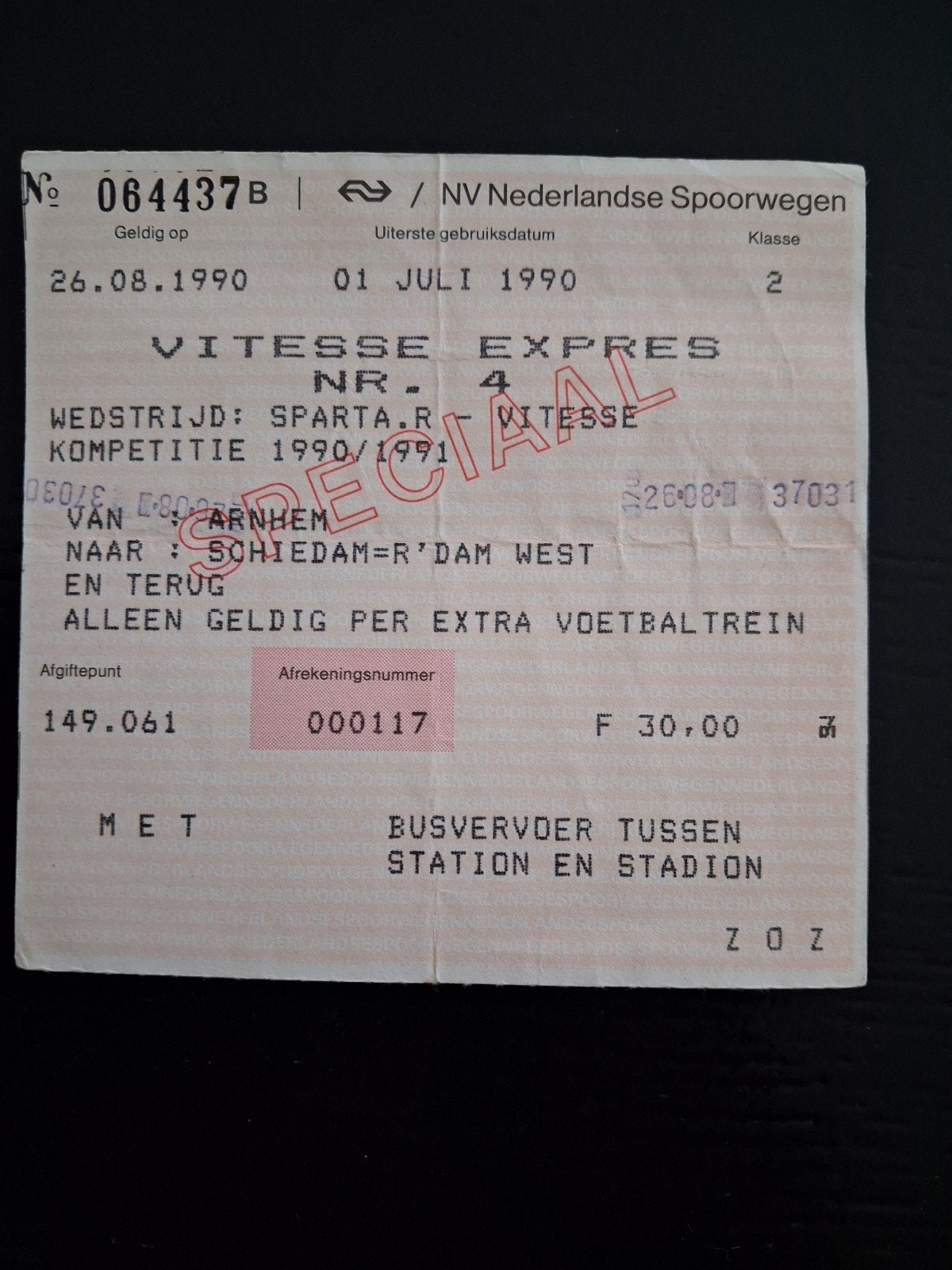 Voetbaltrein kaartje Sparta - Vitesse 1990/1991., Verzamelen, Ophalen of Verzenden, Gebruikt, Sparta