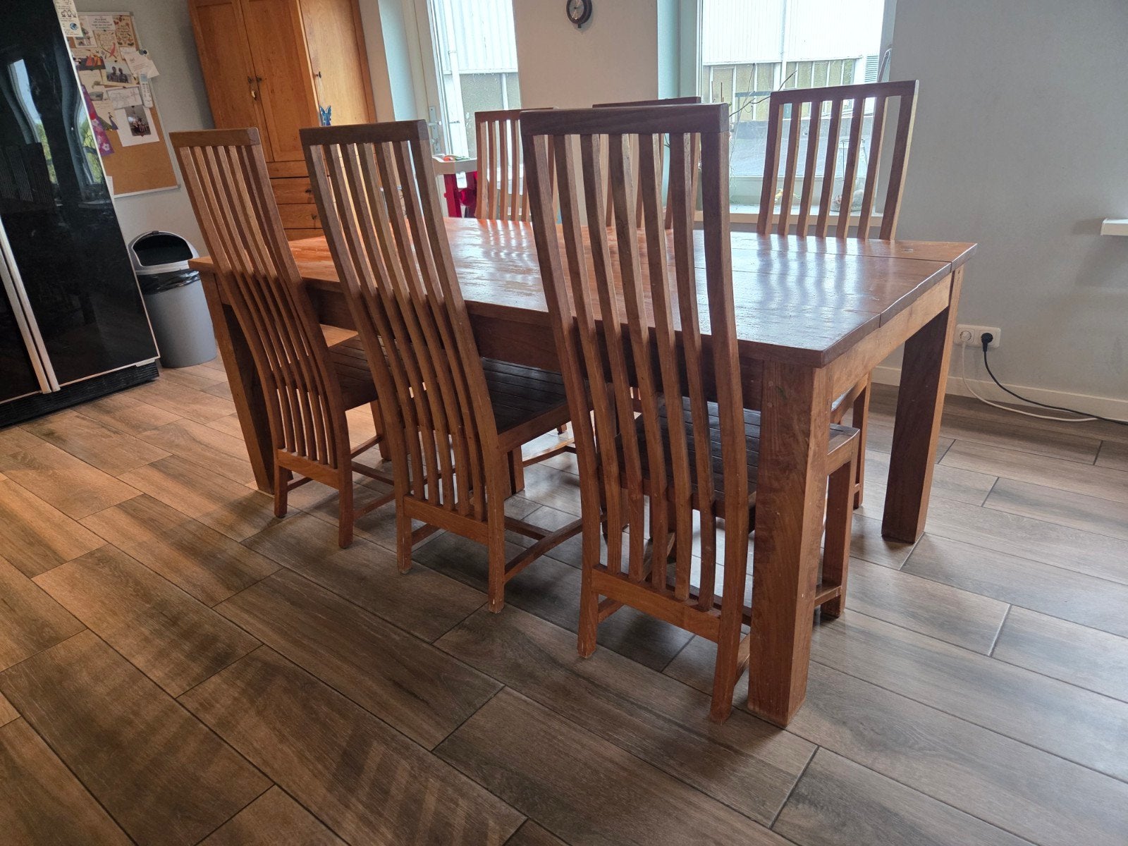 Massief houten eettafel met 6 stoelen, Gebruikt, Landelijk, Vijf personen of meer, 150 tot 200 cm