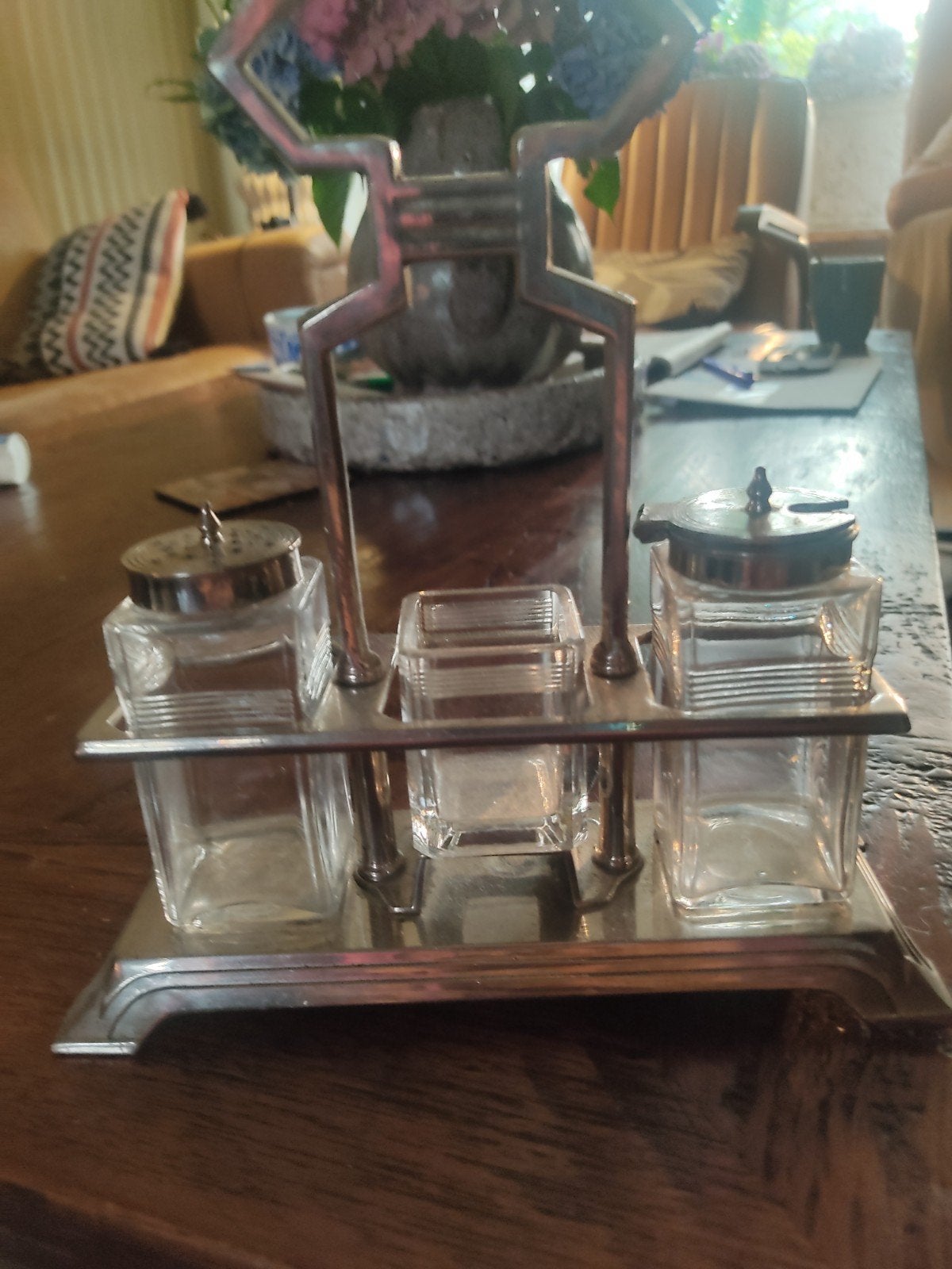 Vintage Zilverkleurige Cruet Set met Glazen Flesjes, Ophalen of Verzenden