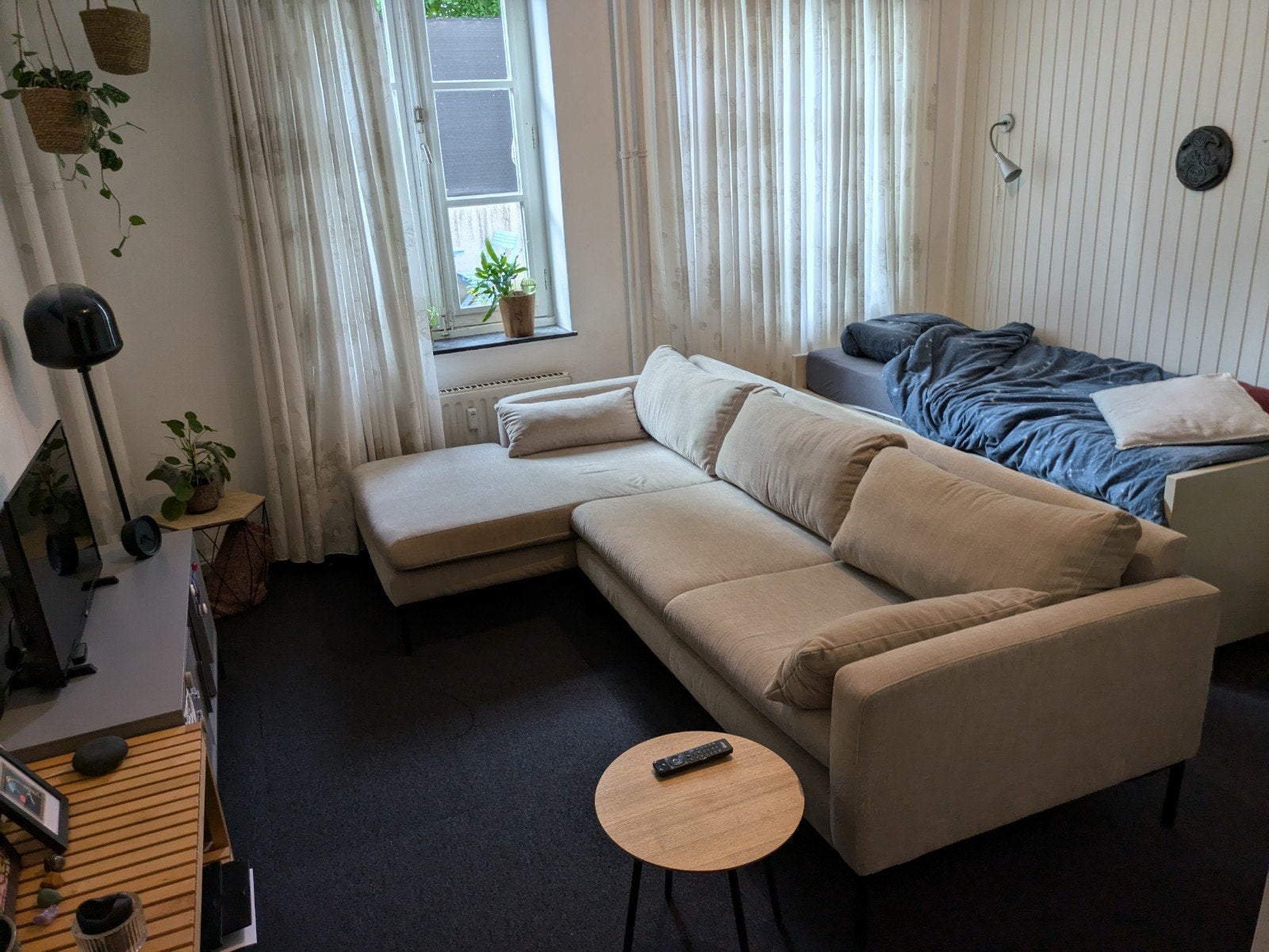 Grote grijze hoekbank, 250x150 cm, Huis en Inrichting, Ophalen, 250 tot 300 cm, Gebruikt, 125 tot 150 cm