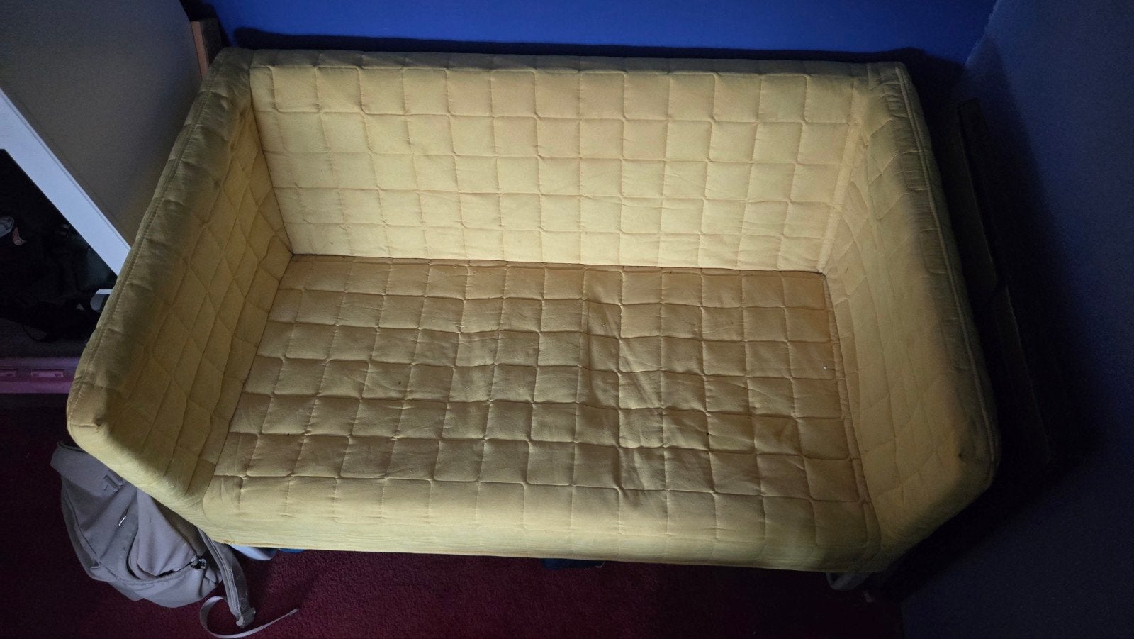Gele tweepersoonsbank - Comfortabel en stijlvol, Ophalen, Gebruikt, 150 tot 200 cm, Tweepersoons