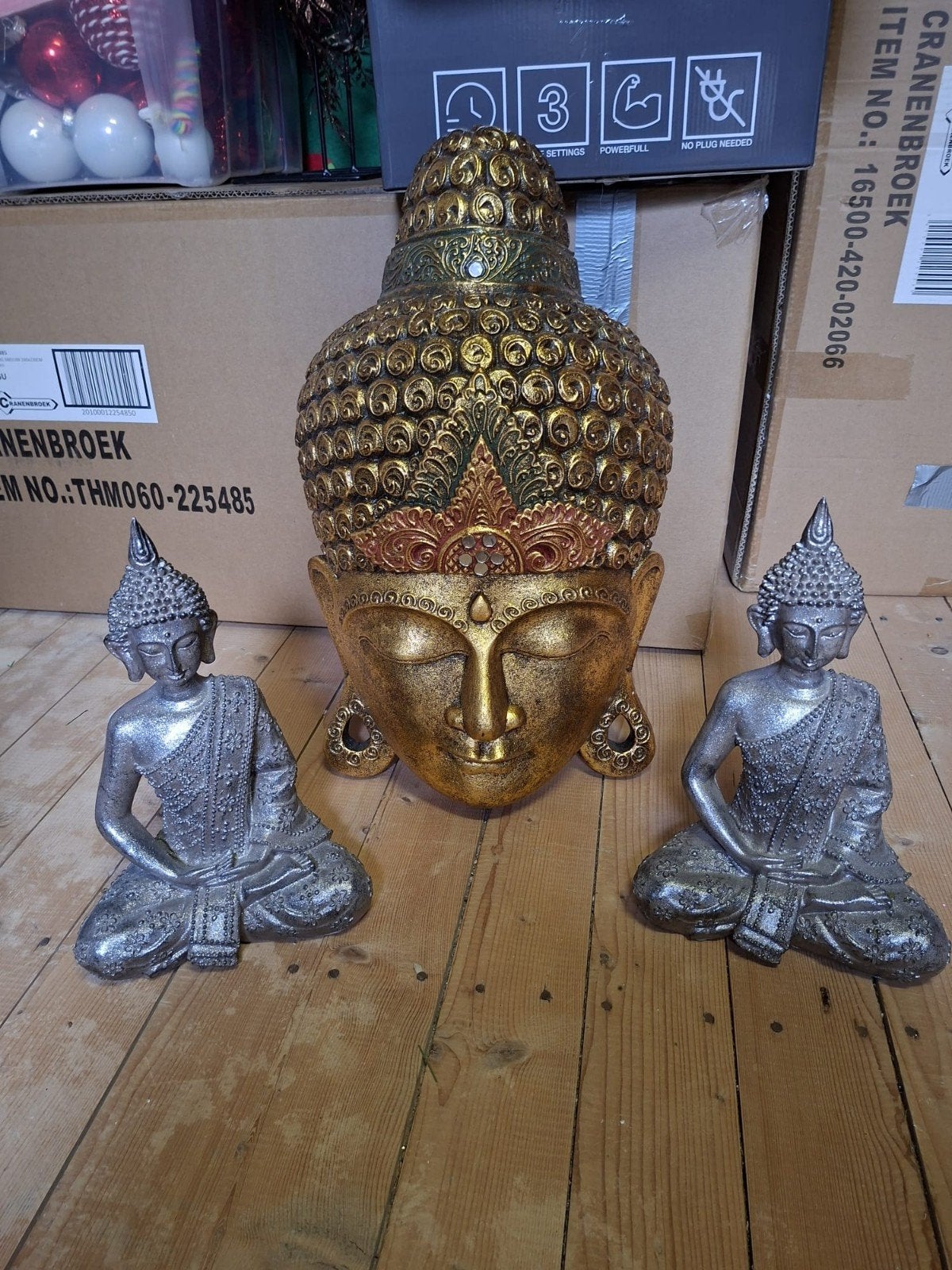 Gouden Boeddha Hoofd met 2 Zilveren Boeddha Beelden, Ophalen, Gebruikt, Overige materialen, Goud