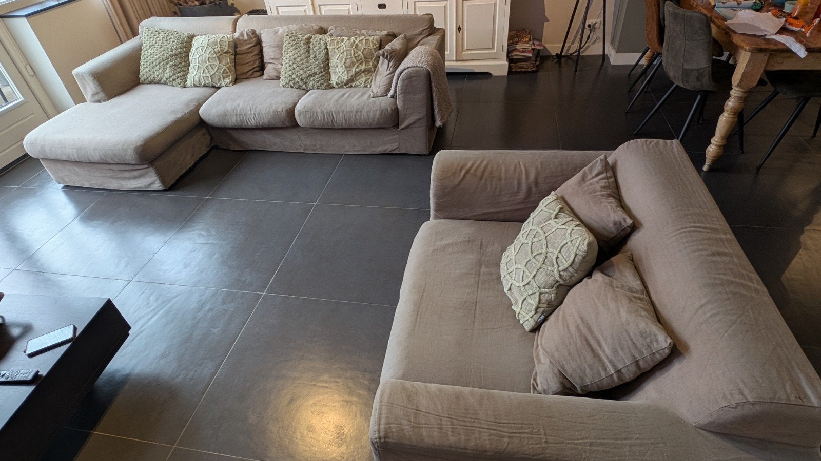 Hoekbank met lounge en loveseat - Beige - 280x165x78cm, Ophalen, 250 tot 300 cm, Gebruikt, 100 tot 125 cm