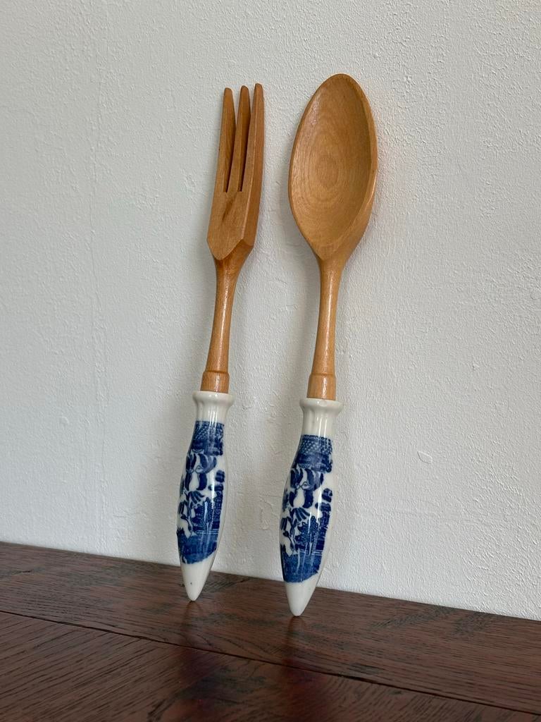 Vintage houten salade opschepset, Huis en Inrichting, Keuken | Bestek, Ophalen of Verzenden, Gebruikt, Hout, Los bestek
