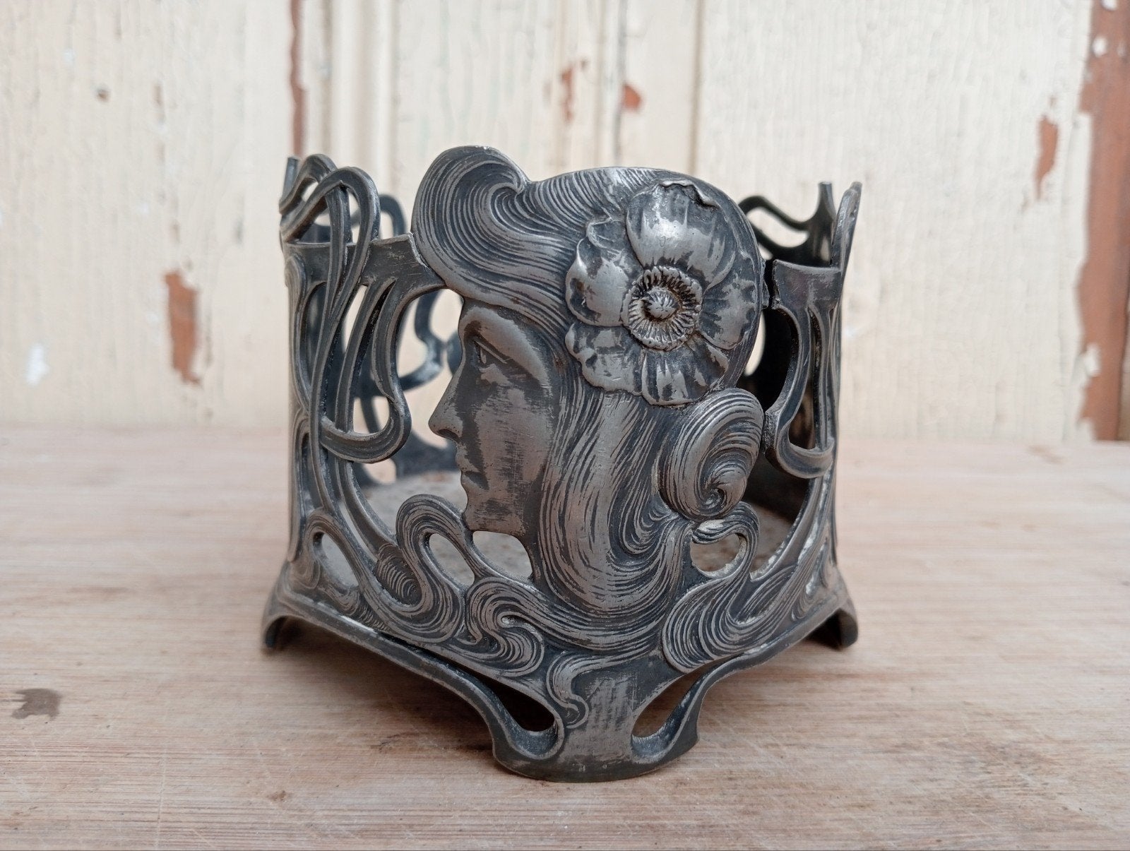 Art Nouveau Jugendstil WMF metalen flessenhouder met vrouw, Ophalen of Verzenden