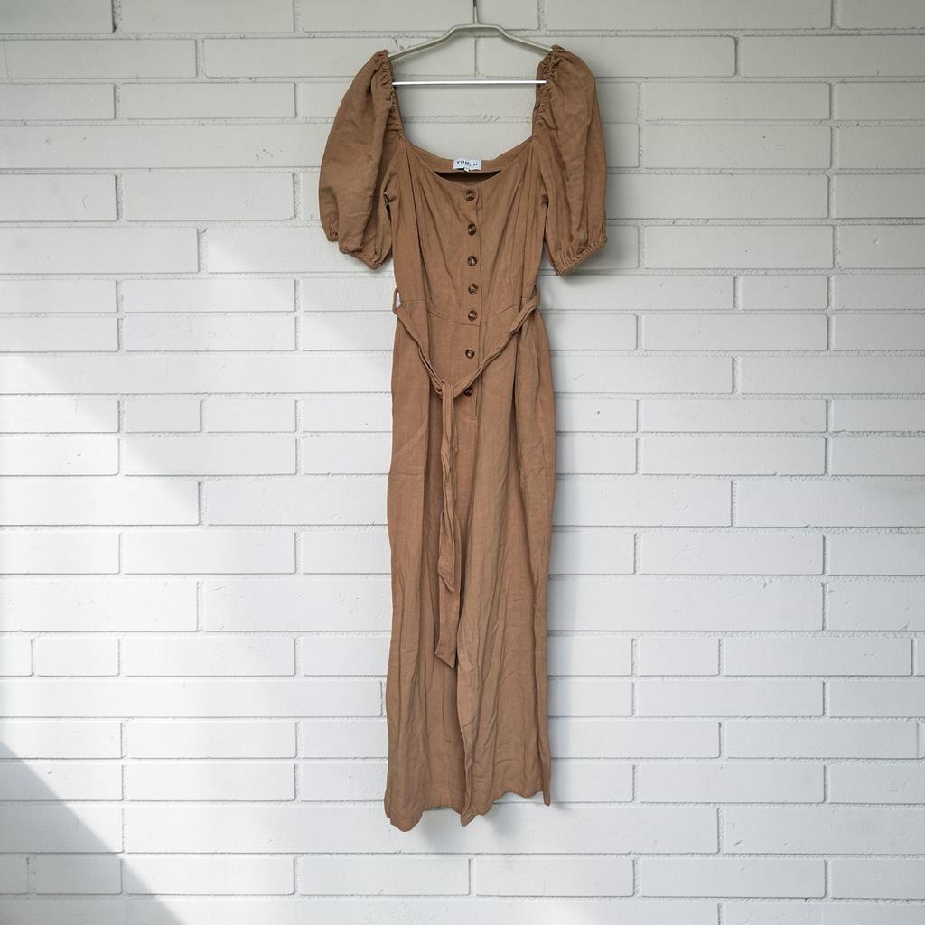 FRNCH Jumpsuit Maat S Lichtbruin Pofmouw Culottes Linnen, Kleding | Dames, Jumpsuits, F, F, Bruin, Ophalen of Verzenden