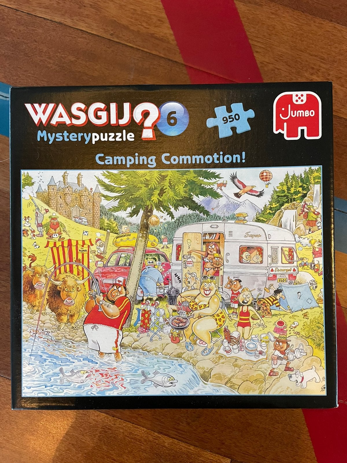 Wasgij mystery puzzel - camping commotion, Ophalen of Verzenden, 500 t/m 1500 stukjes, Zo goed als nieuw