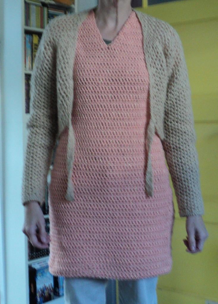jurkje winter zalm met glitters, gehaakt, Ophalen of Verzenden, Zo goed als nieuw, Roze, Boven de knie