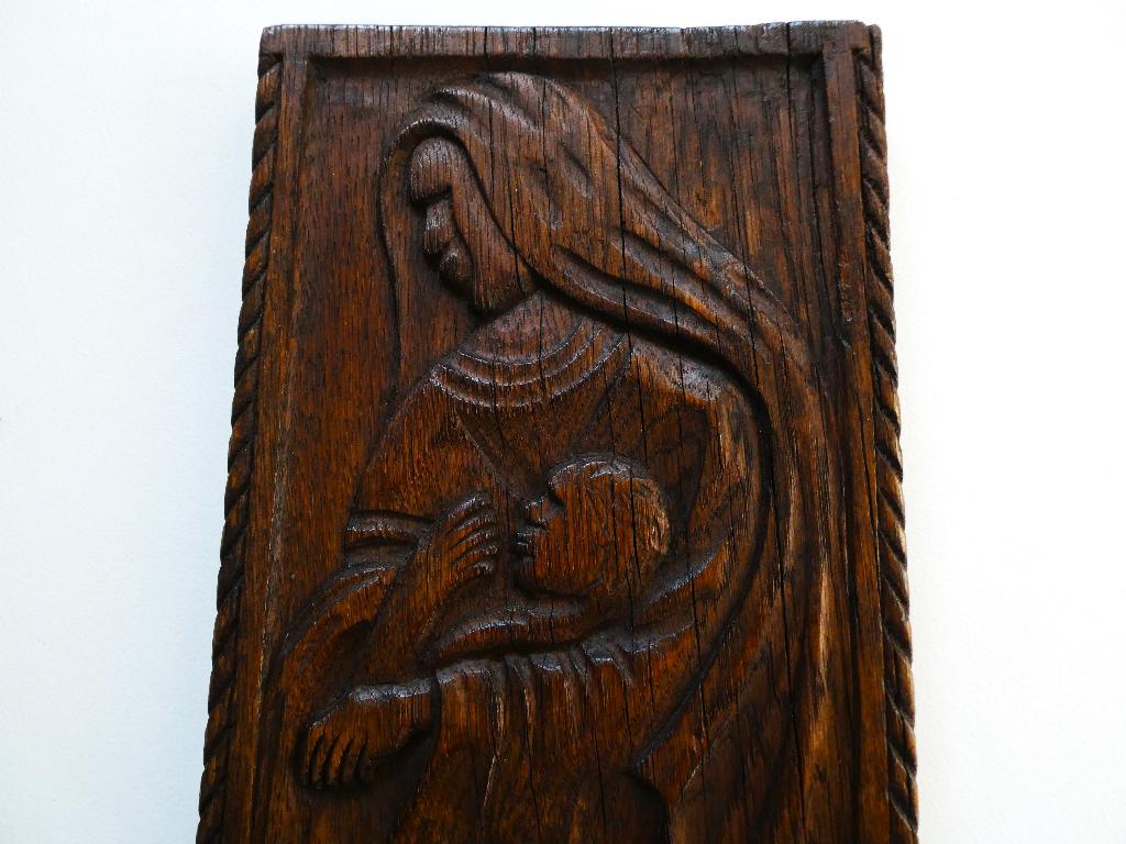 Religieus antiek paneel kerststal Jozef Maria Jezus kerst, Handgemaakt, Hout, Bruin, Houtsnijwerk