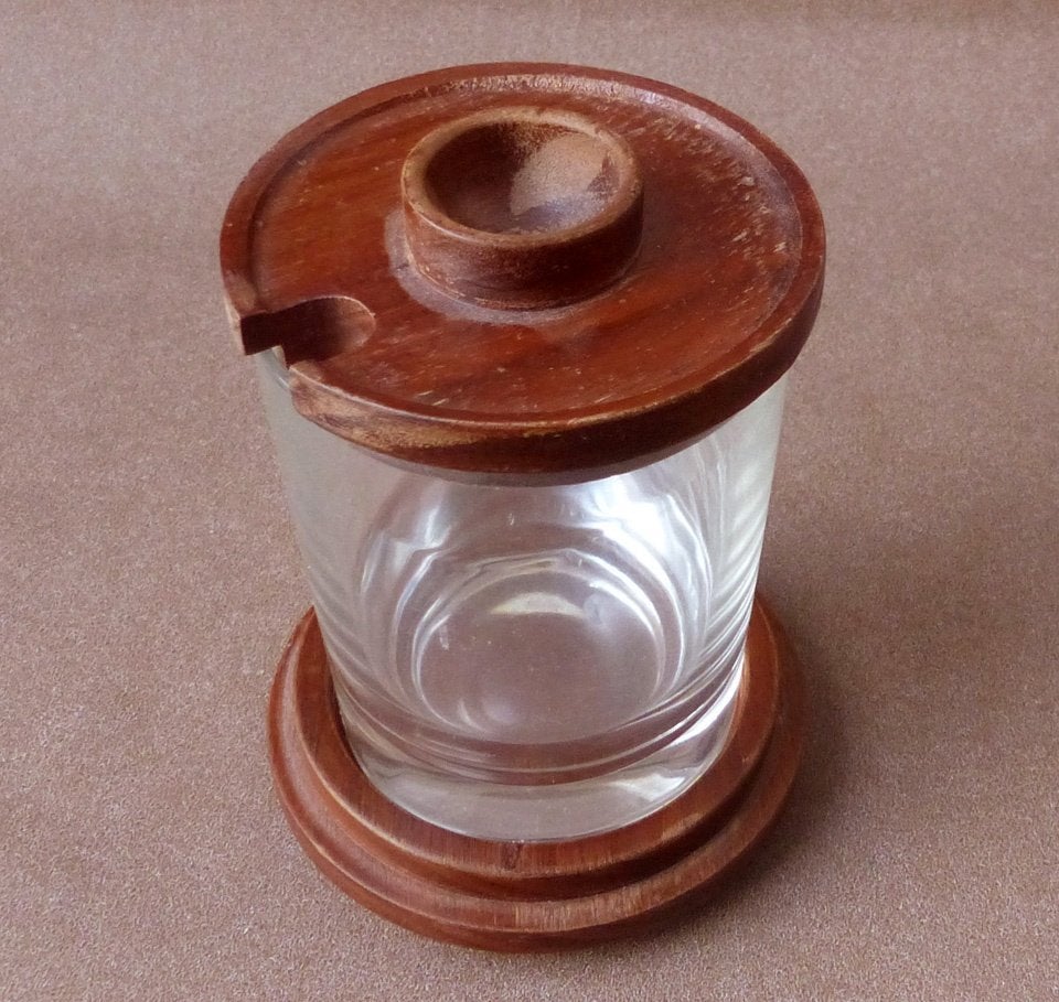 Jampotje glas met hout glazen jampot mosterdpotje honingpot, Gebruikt, Overige typen, Ophalen of Verzenden, Glas