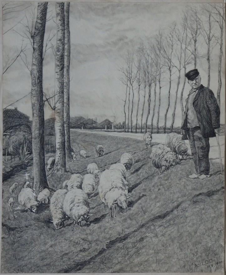 A. van Loo krijttekening "Schapenboer op een Dijk", Ophalen