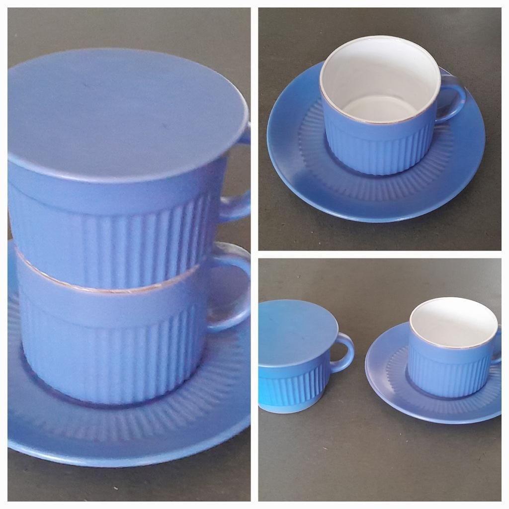 Kopje/schoteltje/koffiefilter blauw, Gebruikt, Ophalen of Verzenden, Overige stijlen, Kop(pen) en/of Schotel(s)