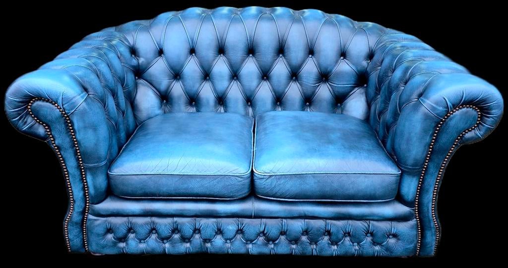 Chesterfield 2 zit bank blauw leer + BEZORGING GRATIS, Huis en Inrichting, Gebruikt, ., 150 tot 200 cm, Chesterfield