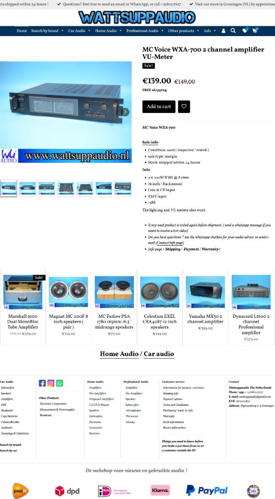 MC Voice WXA-700 2 kanaals versterker / VU meters, Overige merken, Gebruikt, ., Ophalen of Verzenden