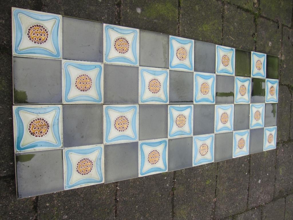 10 antieke wandtegels, olijfgroen en blauw 15x15cm, Antiek en Kunst, Ophalen of Verzenden