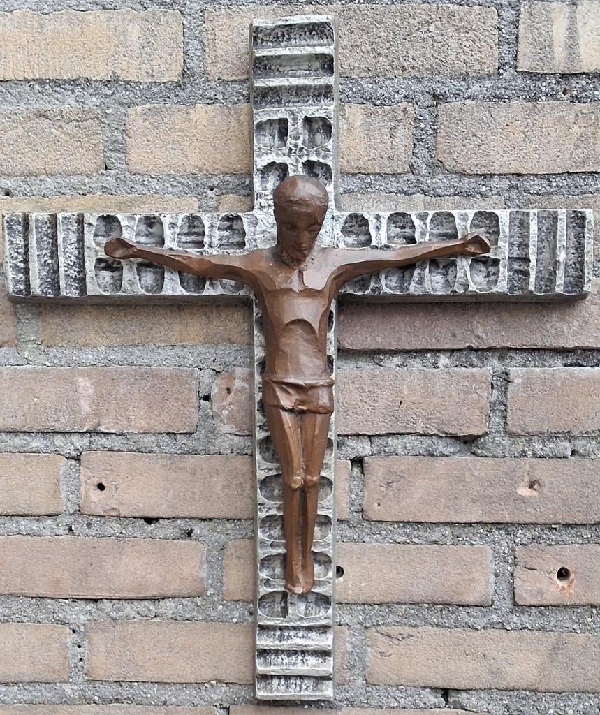 Crucifix. Metaal. Art. Deco. Ca 1920.  42/49 cm. * ZIe tekst, Verzamelen, Religie, Gebruikt, Christendom | Katholiek, Overige typen