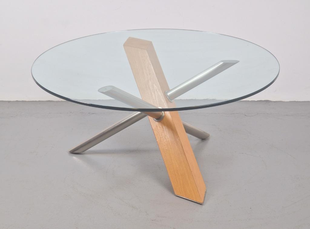 Vintage moderne salontafel hout glas design rond ’90 Italië, Huis en Inrichting, Ophalen, Gebruikt, 50 tot 100 cm, Rond