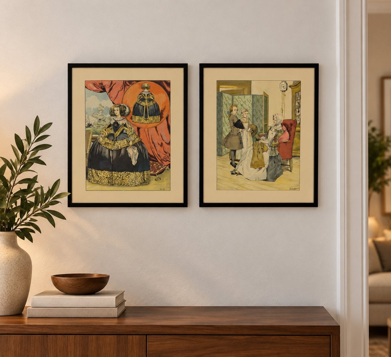 Vintage modeprenten in lijst, Gebruikt, Klederdracht, Ophalen of Verzenden, 1940 tot 1960