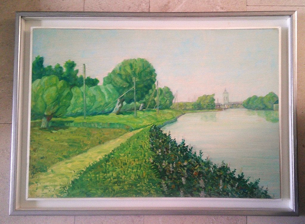 Landschap met watertje ca.1960 - Jo Lodeizen 1892-1980, Antiek en Kunst, Doek, Impressionistisch, Ophalen of Verzenden, Olieverf