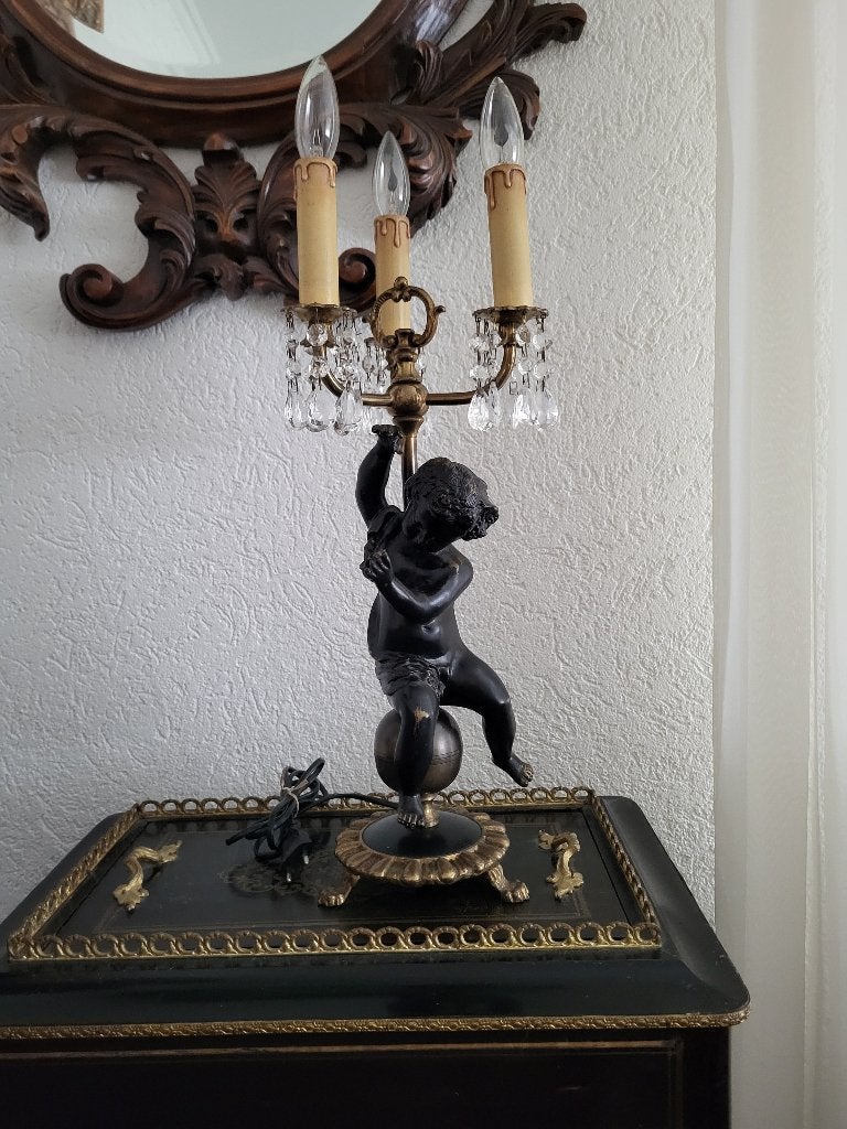 Oude Franse bronzen tafellamp Louis XVI stijl, Figuurlamp, 60 cm, E14 (klein), Ophalen of Verzenden