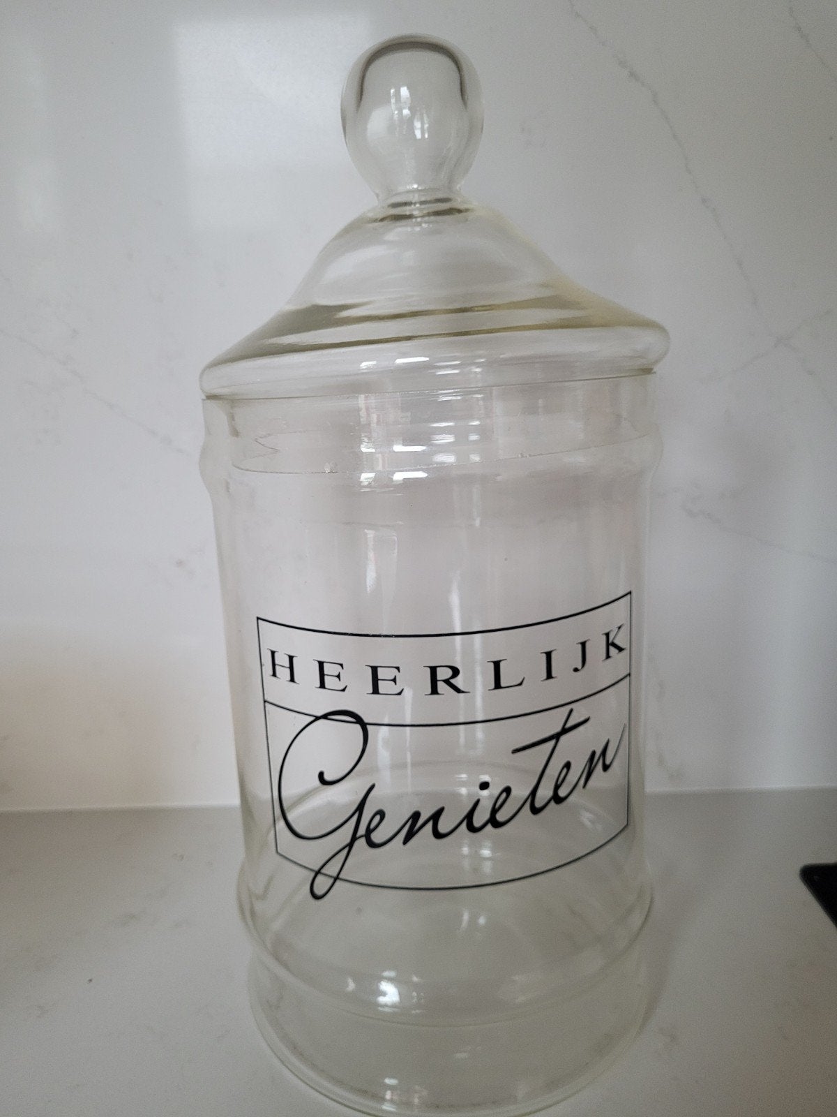 Grote glazen pot met deksel - Heerlijk Genieten, Ophalen of Verzenden, Zo goed als nieuw, Rond, Glas