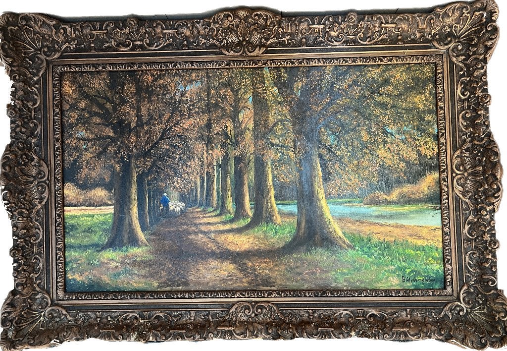Schilderij bomenlaan met herder en schapen, Ophalen, Doek, Olieverf, Klassiek