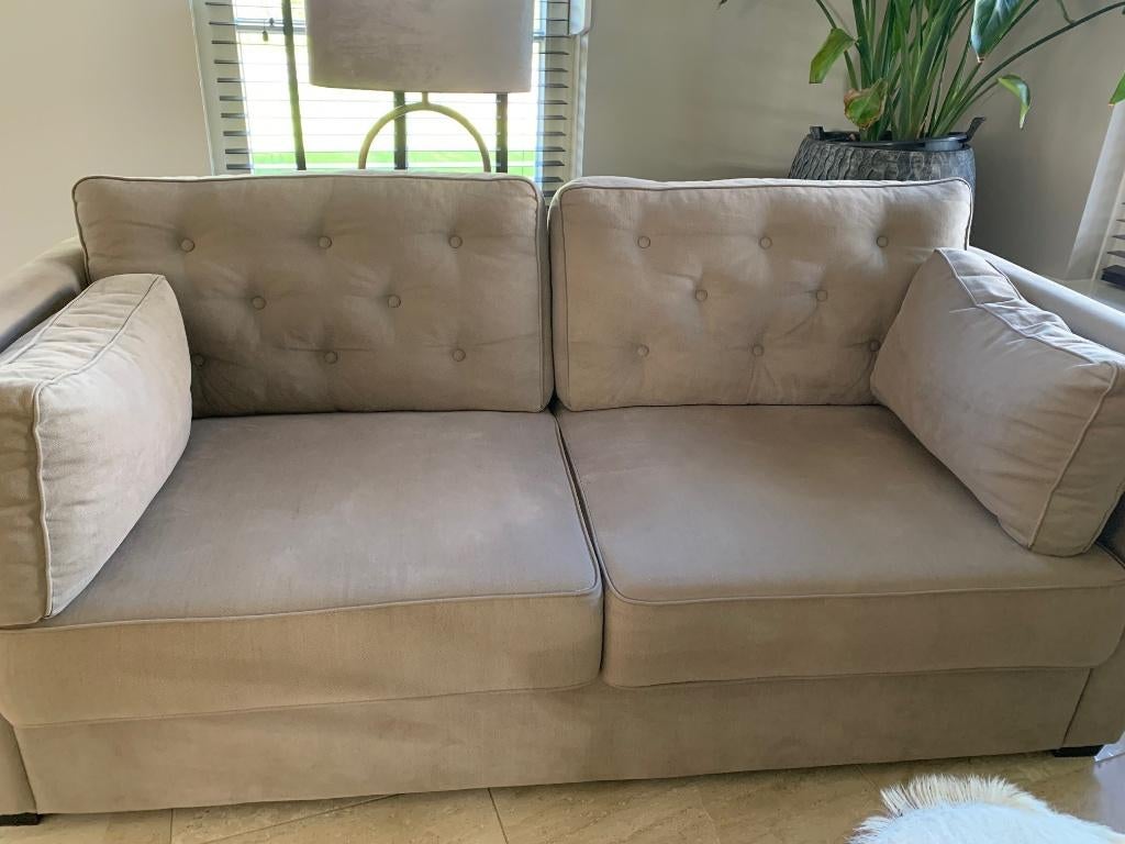 Bank Landelijk modern chique beige stoffen bank, Ophalen, Gebruikt, Tweepersoons, 75 tot 100 cm