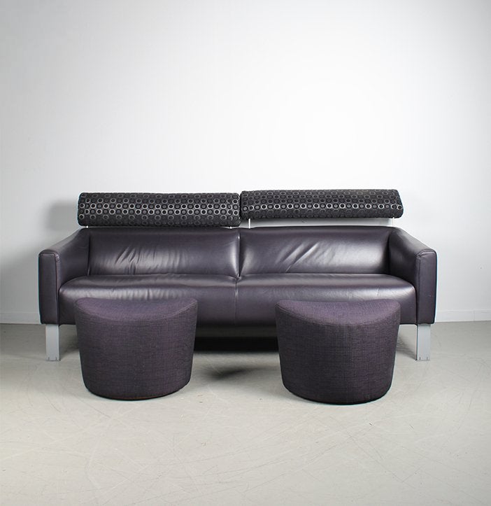 1x Leolux Patachou Bank + Hocker Paars Leer, Niet ingevuld, Gebruikt, 150 tot 200 cm, Niet ingevuld