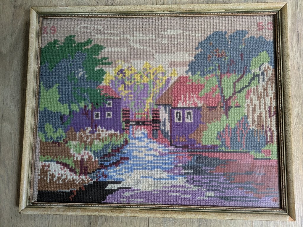 Schilderij geborduurd uit 1953, Overige stijlen, Ophalen of Verzenden, Origineel werk, Stads- / dorpsgezicht