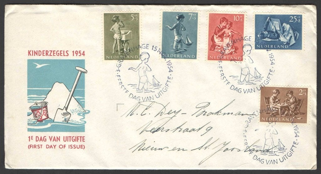Nederland FDC E19 Met Adres, Kinderpostzegels 1954, Postzegels en Munten, Ophalen of Verzenden, Beschreven, Nederland