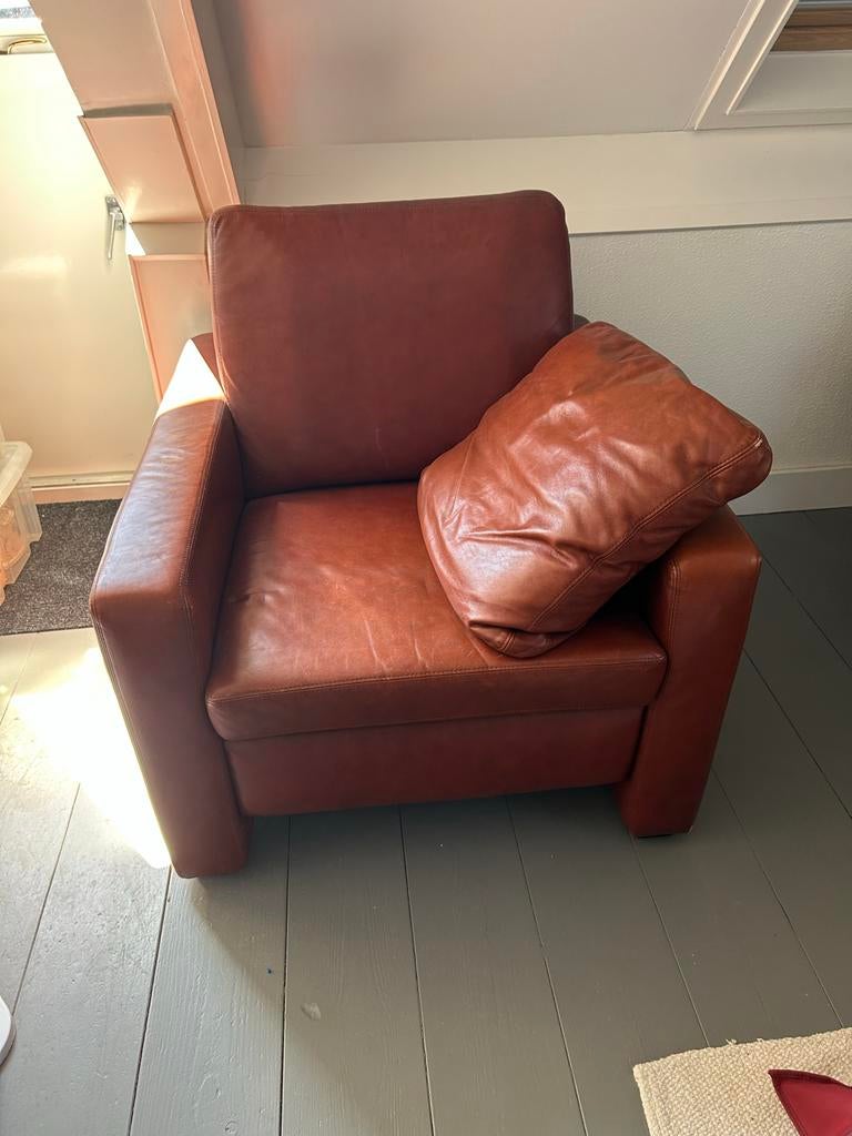 2 Lederen Fauteuils in Cognac Kleur met Kussens, Ophalen, Gebruikt, Minder dan 75 cm, Leer