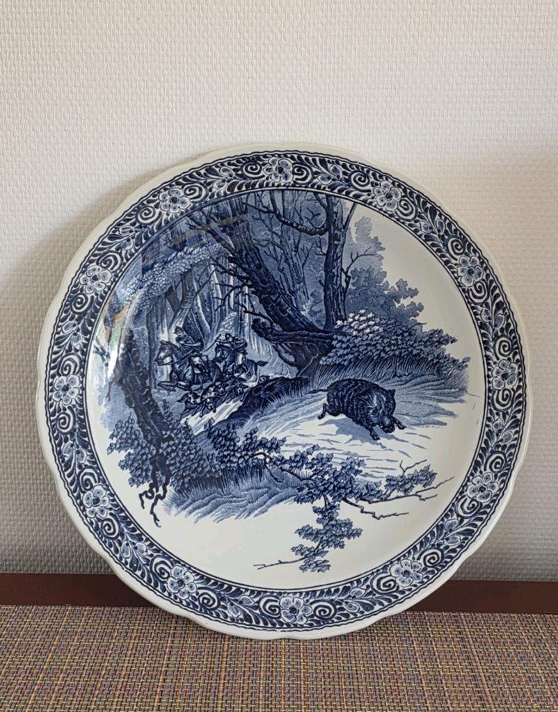 Antiek Delfts Blauw Jachttafreel Bord - Boch Frères, Ophalen of Verzenden
