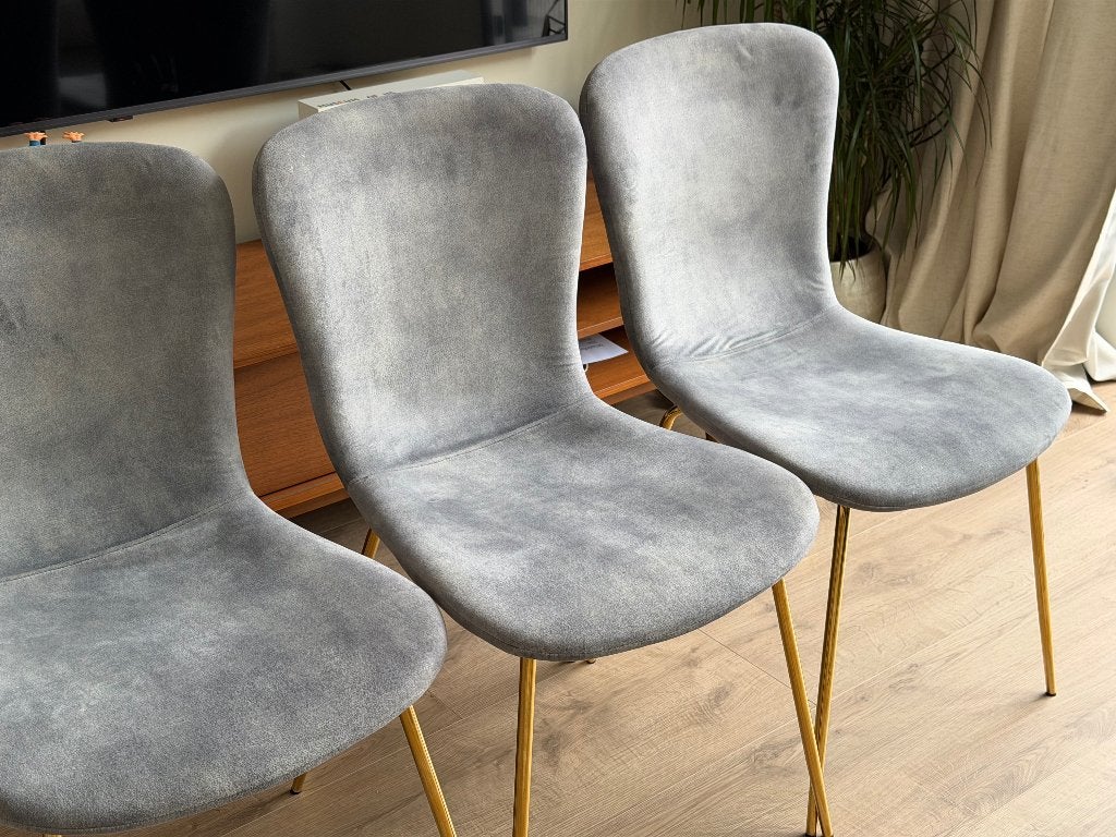 Eettafelstoelen grijs en goud jysk, Ophalen, Gebruikt, Grijs, Stof
