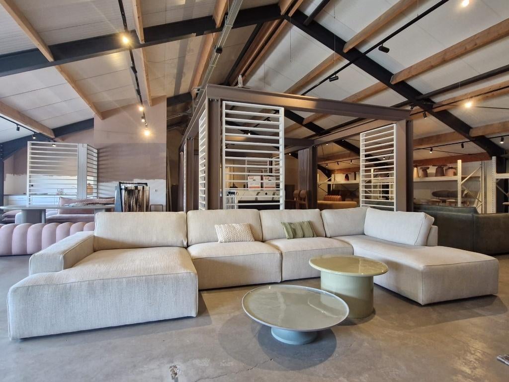 Zeer ruime modulaire u-bank in lichtbeige platte bouclé stof, Ophalen, ., Hoekbank, 300 cm of meer