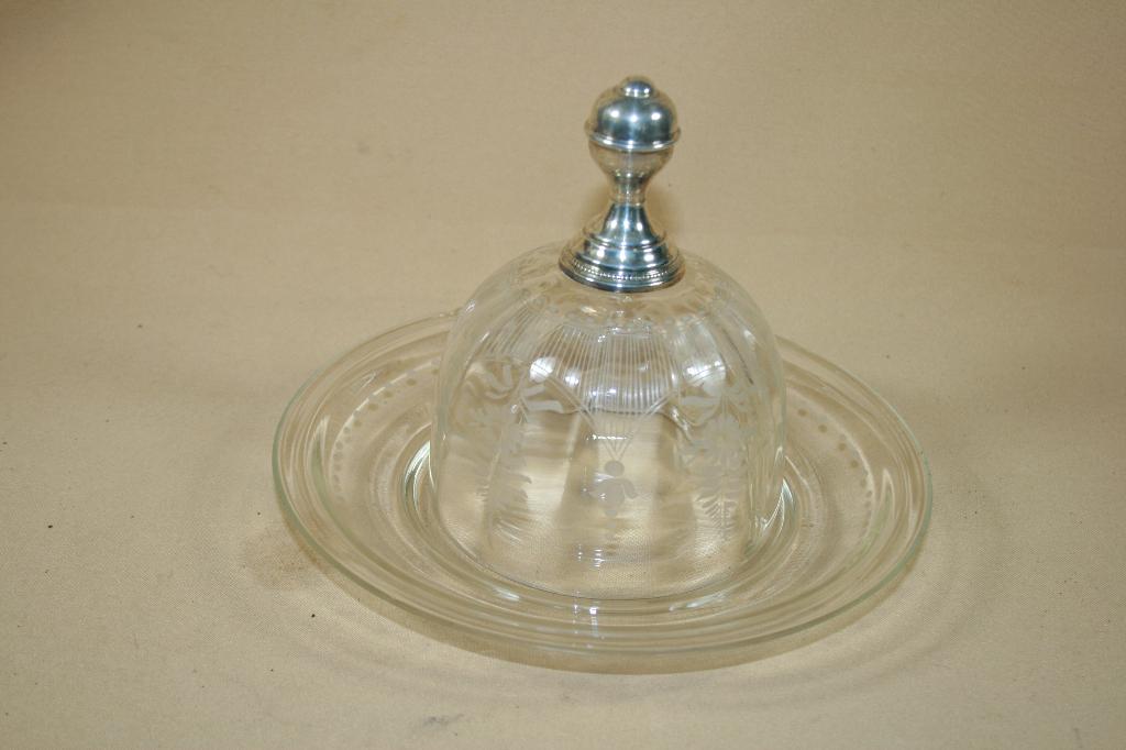 Antiek kristallen stolp met zilveren knop op onderschotel, Antiek en Kunst, Ophalen of Verzenden, Zilver