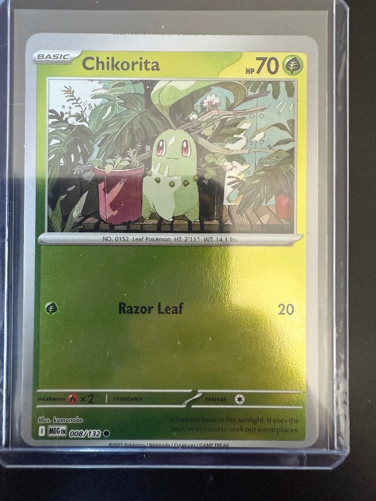 Pokemon Chikorita Mega Evolution reverse holo miscut rare, Ophalen of Verzenden, Zo goed als nieuw, Losse kaart, Foil