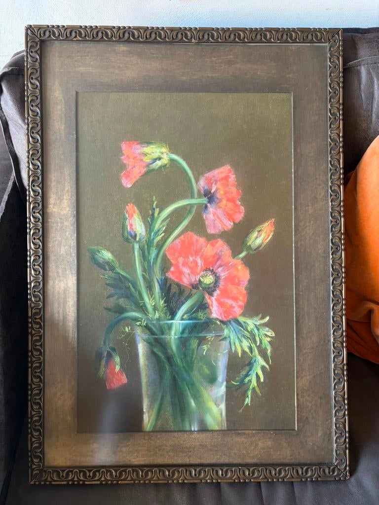 Pasteltekening Papavers in glazen vaas gesigneerd Cyr. Bleys, Antiek en Kunst, Ophalen