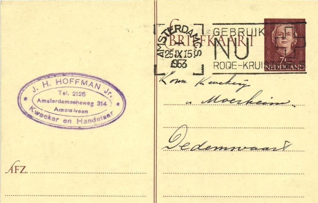 J.H. Hoffman Jr., Amstelveen - 09.1953 - briefkaart, Ophalen of Verzenden, Briefkaart