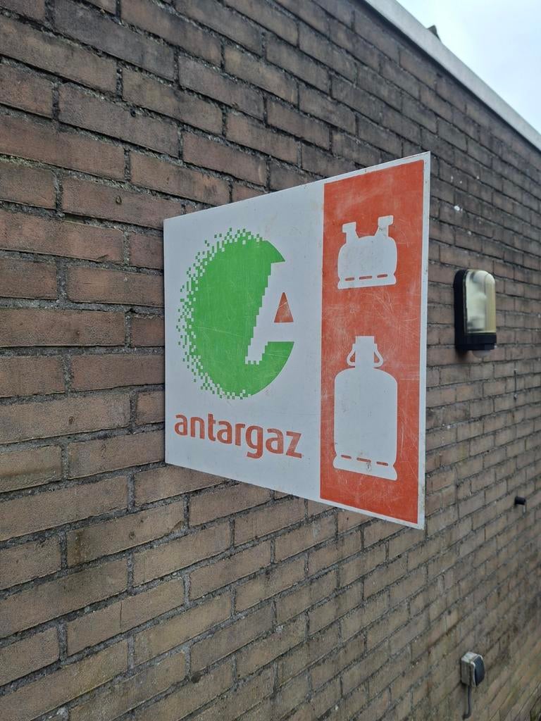 Antargaz dubbelzijdig bord emaille reclame benzinepomp, Ophalen of Verzenden, Zo goed als nieuw