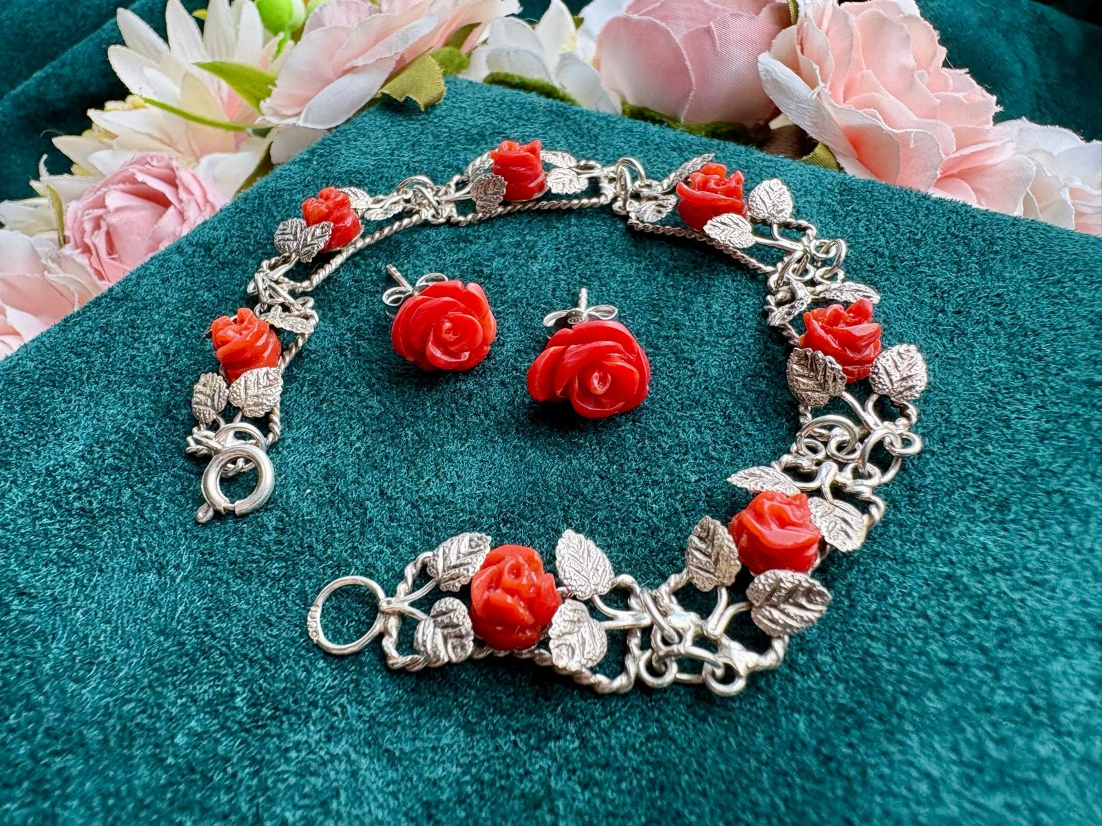 Vintage 50s echt zilver armband met bloedkoraal + oorbellen, Sieraden, Tassen en Uiterlijk, Ophalen of Verzenden, Zo goed als nieuw