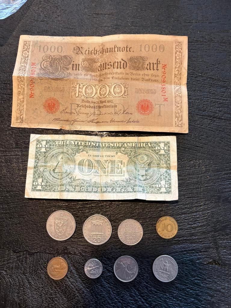 Nederlandse en buitenlandse munten + 2 bankbiljetten, Ophalen, Buitenland, Munten