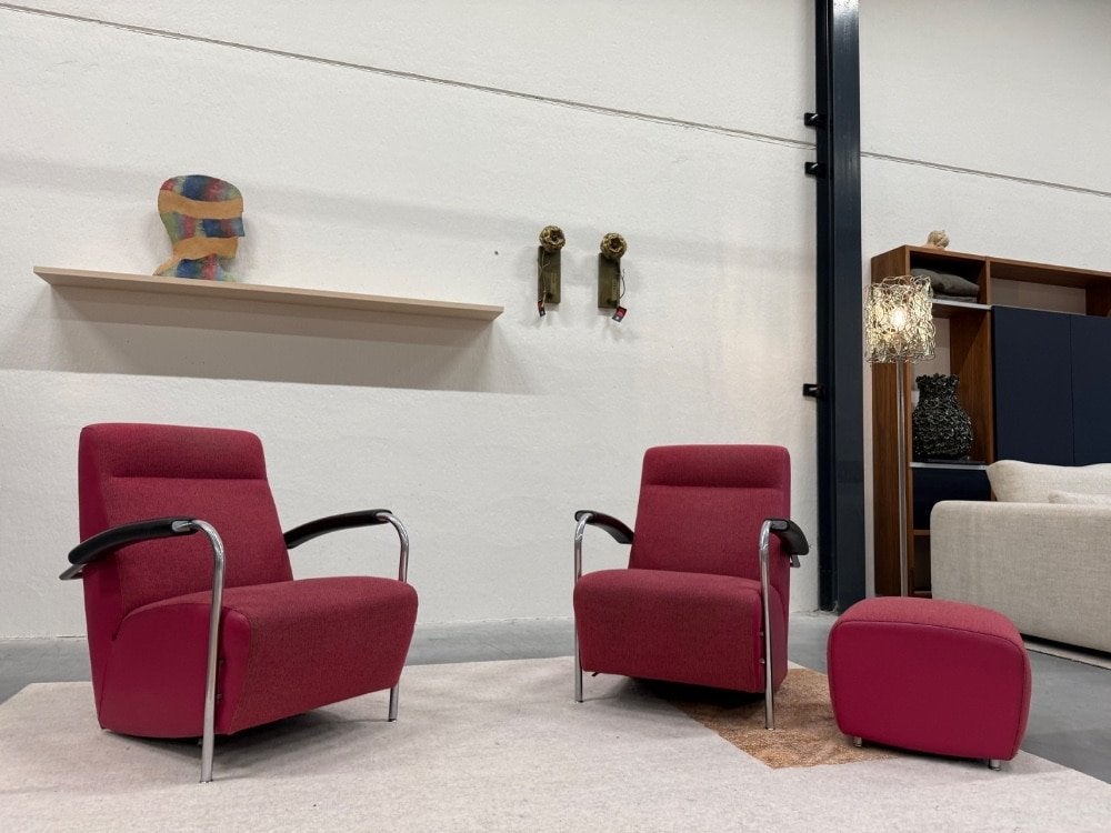 2 Leolux Scylla Fauteuil hoog Roze stof Design stoel Poef, Leolux, Info@leolux.nl, 75 tot 100 cm, Ophalen of Verzenden
