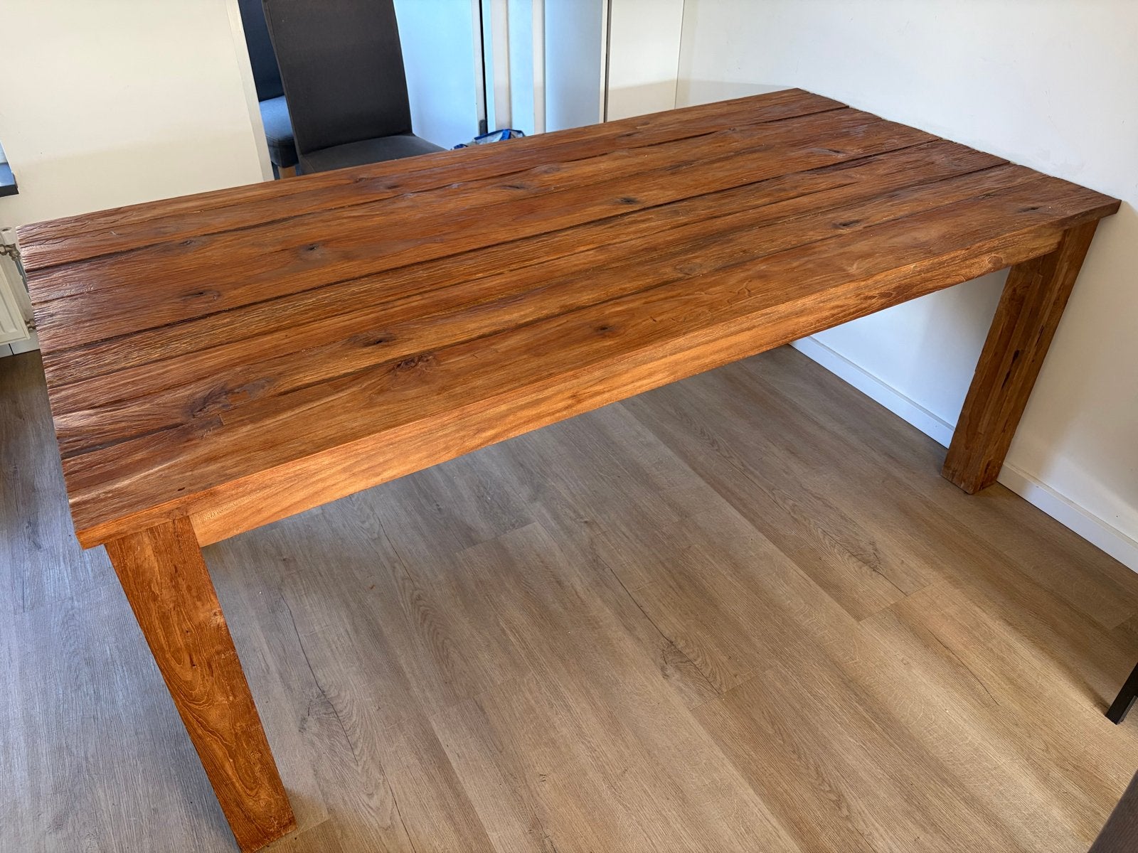 Robuuste houten eettafel 200x100 cm, Ophalen, Gebruikt, 100 tot 150 cm, Vijf personen of meer