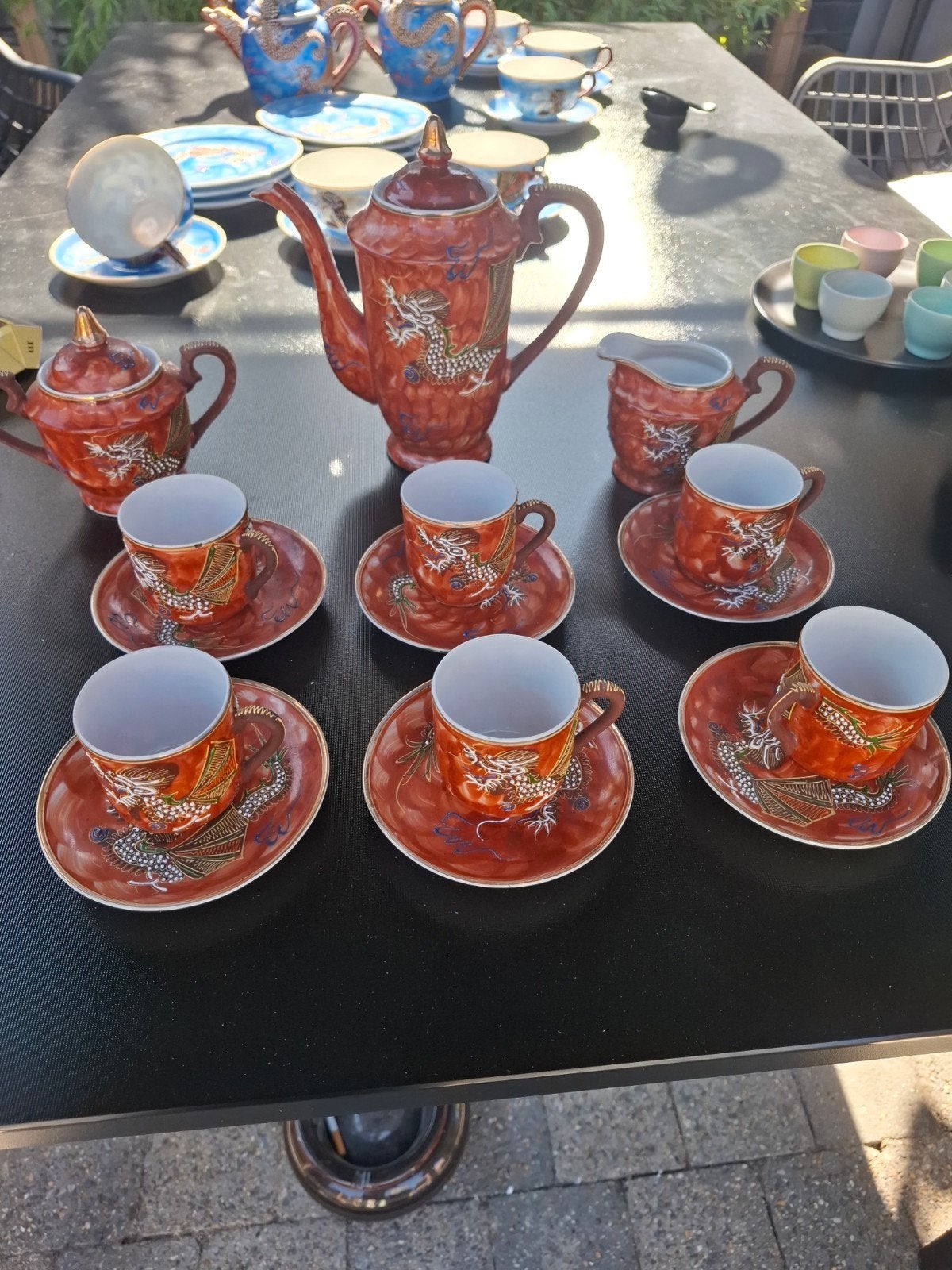 Vintage japanees satsuma theeservies moriage drakenmotief, Ophalen of Verzenden