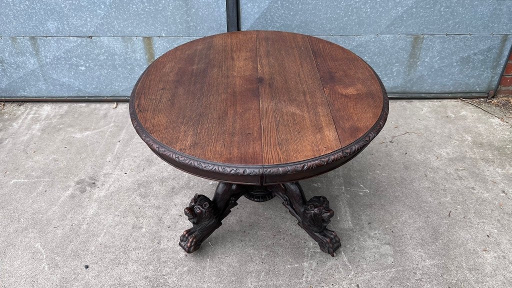Antieke uittrekbare ronde eettafel met leeuwenpoten, Antiek en Kunst, Ophalen