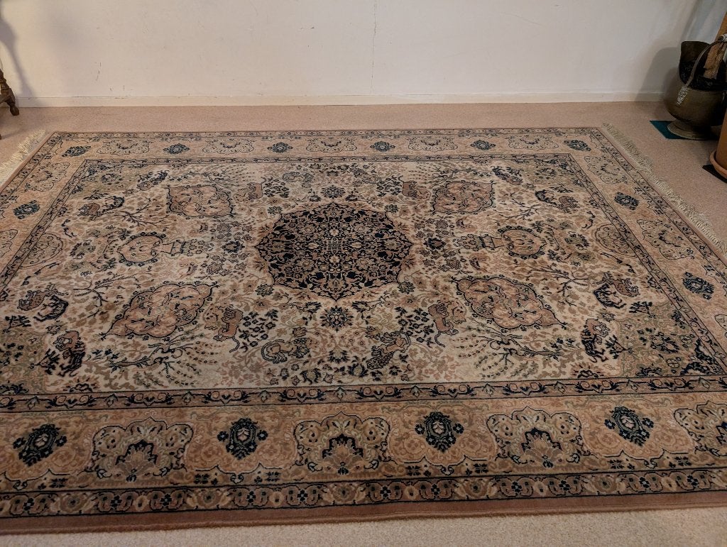 Vintage zacht dik vloerkleed jachttafereel 170x240 cm franje, Huis en Inrichting, Ophalen, Gebruikt, 150 tot 200 cm, 200 cm of meer
