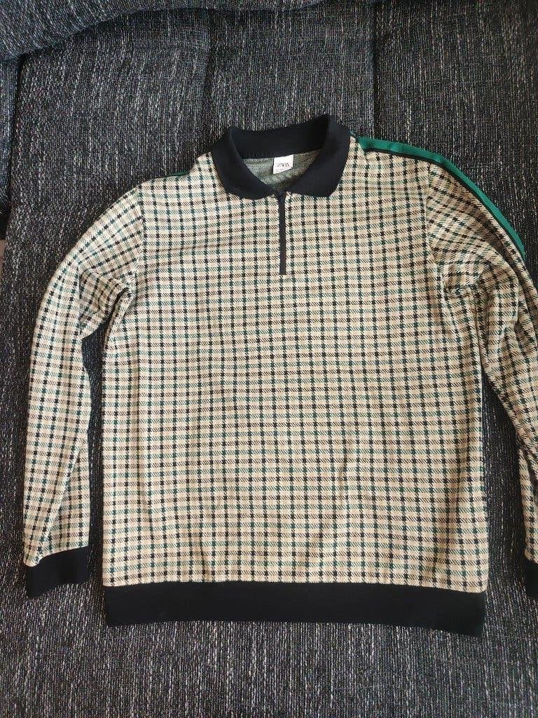 ZARA geruite polo lange mouwen/sweater (beige/groen/zwart), Maat 52/54 (L), Zara, Beige, Ophalen of Verzenden