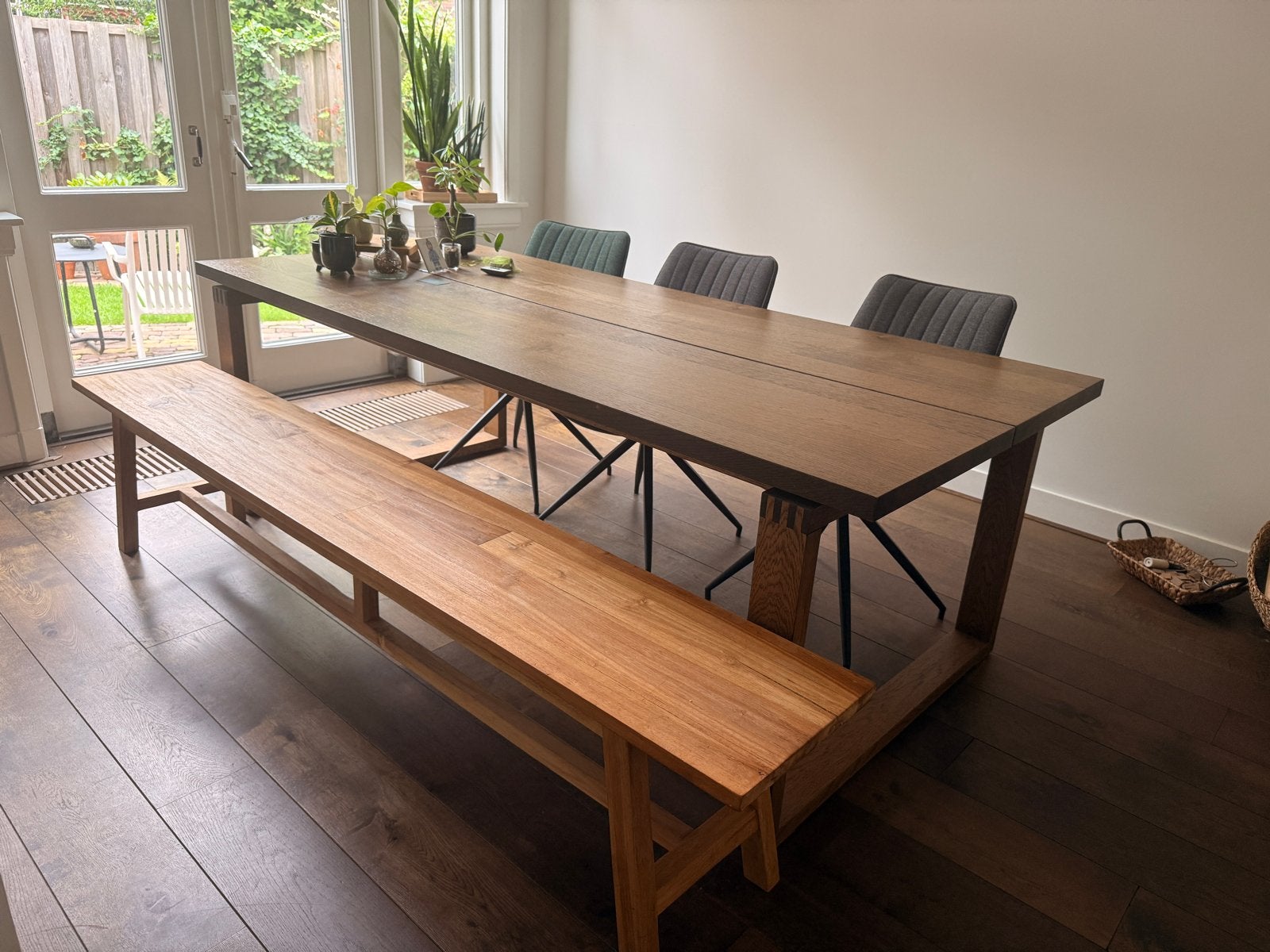 IKEA Eetkamertafel 6 persoons met stoelen en bank, Ophalen, Gebruikt, Eikenhout, 200 cm of meer