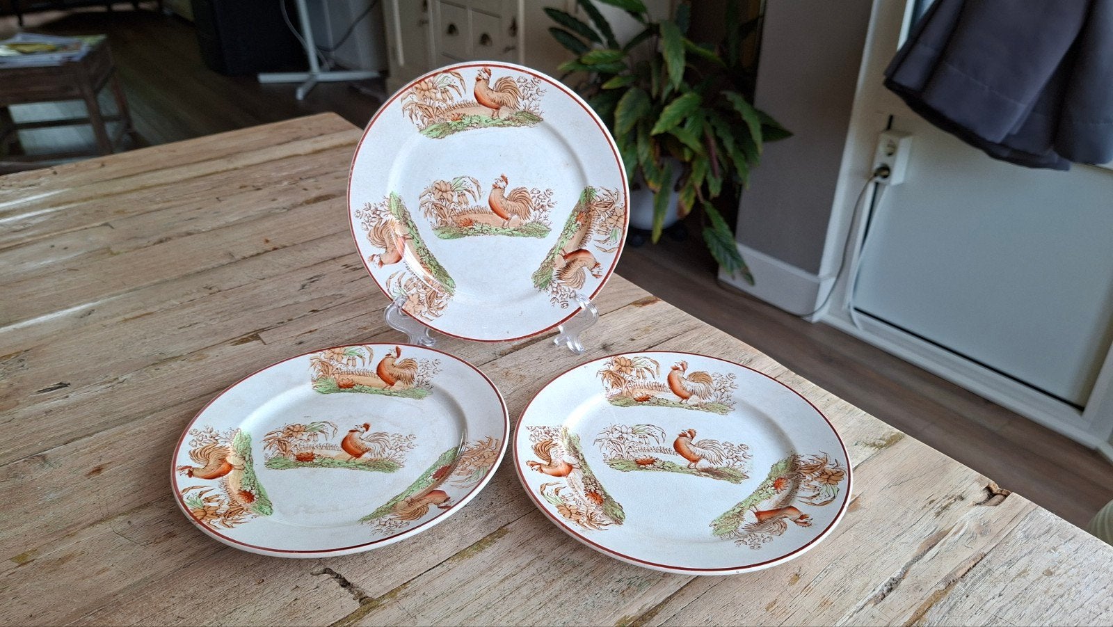 Set van 3 Antieke Ontbijtborden 'Haan' - Société Céramique, Antiek en Kunst, Antiek | Servies los, Ophalen of Verzenden