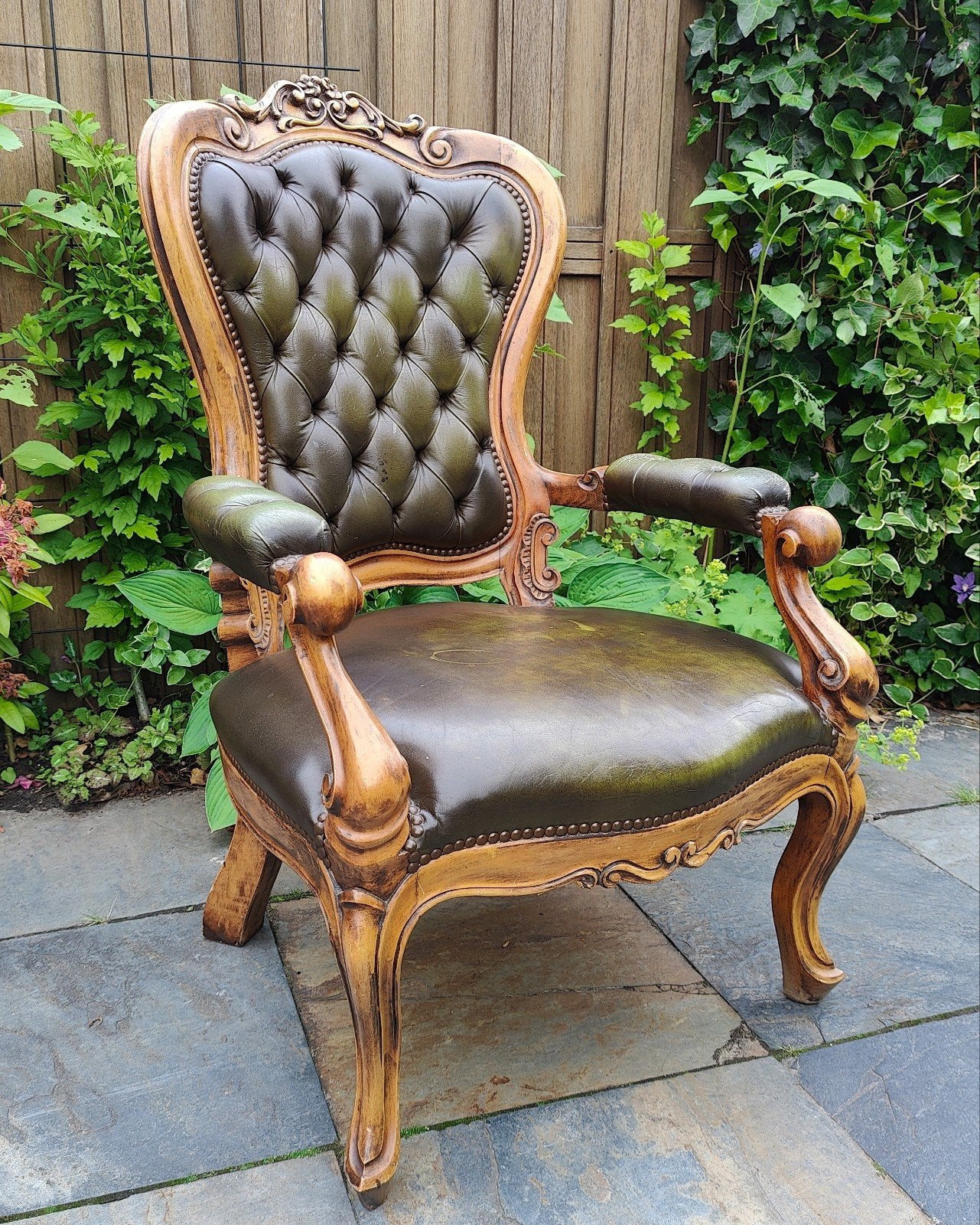 Klassieke fauteuil barok Chesterfield stijl groen leer, Ophalen
